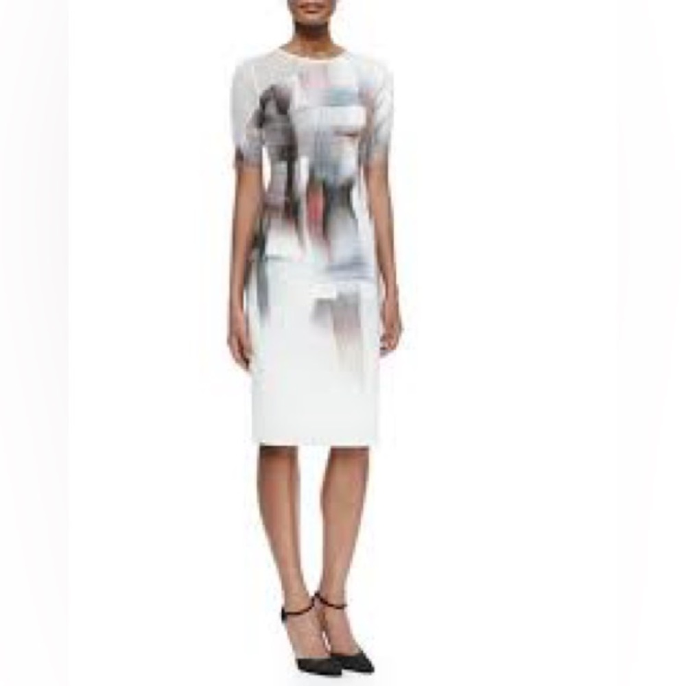 Elie Tahari Cream, Brown and Auburn Abstract Midi Dress. Size XS.